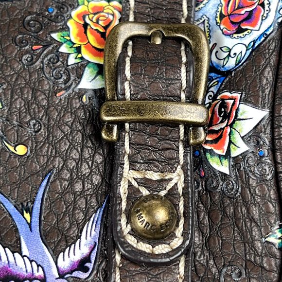 Vtg Red by Marc Ecko Sz 7"x5"x2" Handbag Clutch Buckles Brown Roses Crown Birds - Picture 11 of 16